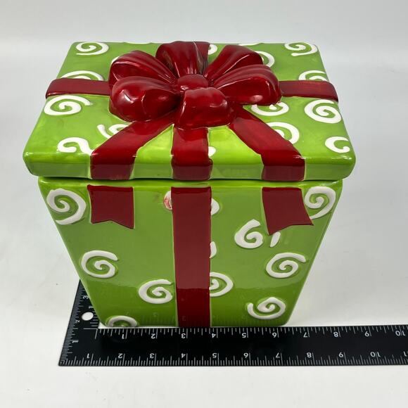Ceramic Gift Box Canister Christmas Present Cookie Jar Green Red Ribbon Ceramic - Picture 11 of 16
